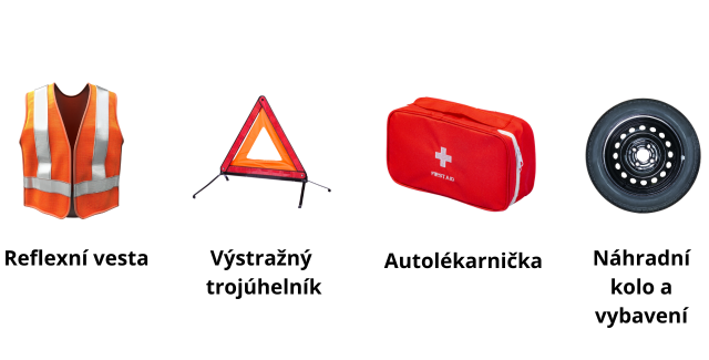 Povinná výbava auto — lékárnička, výstražný trojúhelník, reflexní vesta, náhradní kolo